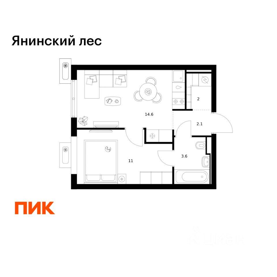 1-комн. квартира, 33,3 м², в ЖК Янинский лес