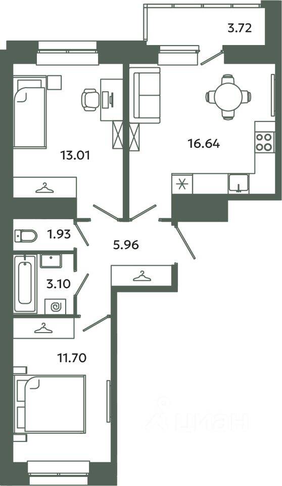 2-комн. квартира, 52,34 м², в ЖК Загляденье