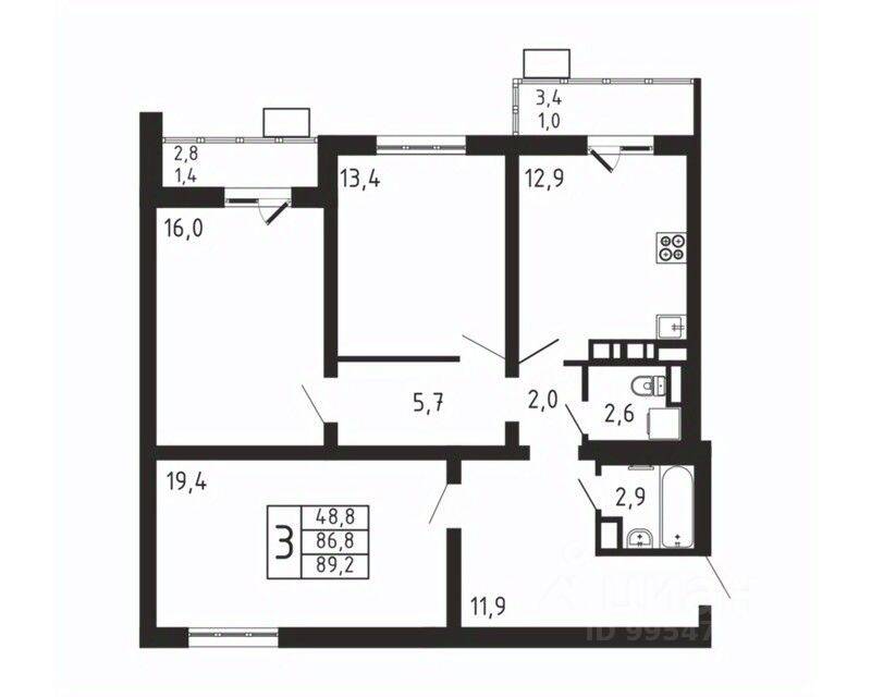 3-комн. квартира, 89,2 м², в ЖК «Пироговская Ривьера»
