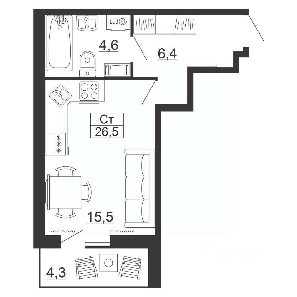 Планировка 1 комнатной квартиры, 26.5 м², в «Рубеж»