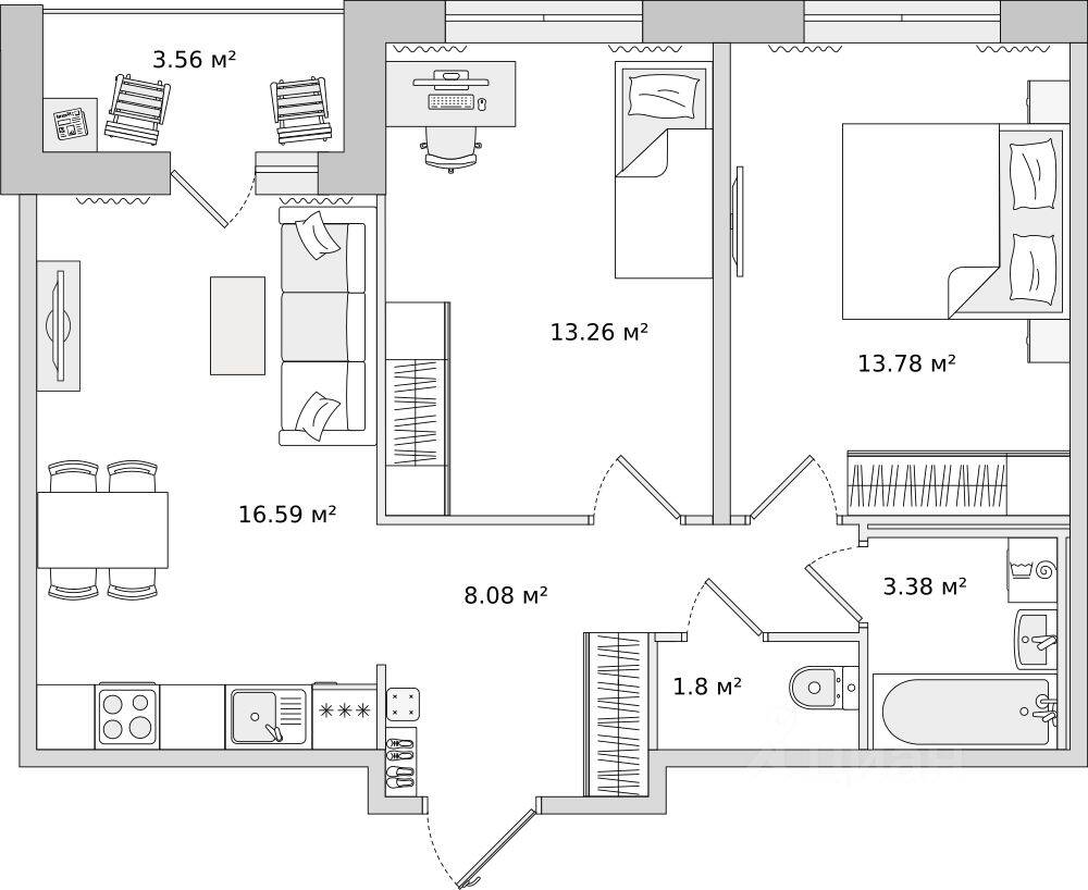 2-комн. квартира, 60,45 м², в ЖК ЦДС «Dreamline»