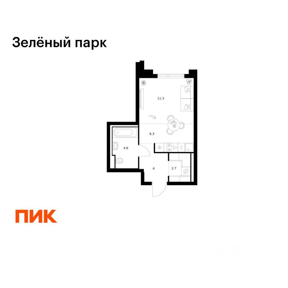 Квартира-студия, 28,9 м², в ЖК Зеленый парк