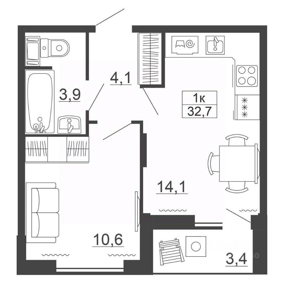 1-комн. квартира, 32,7 м², в ЖК Рубеж