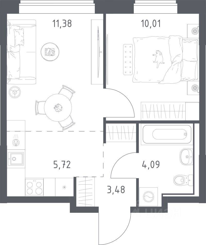 Планировка 1 комнатной квартиры, 34.68 м², в «Прибрежный Парк»