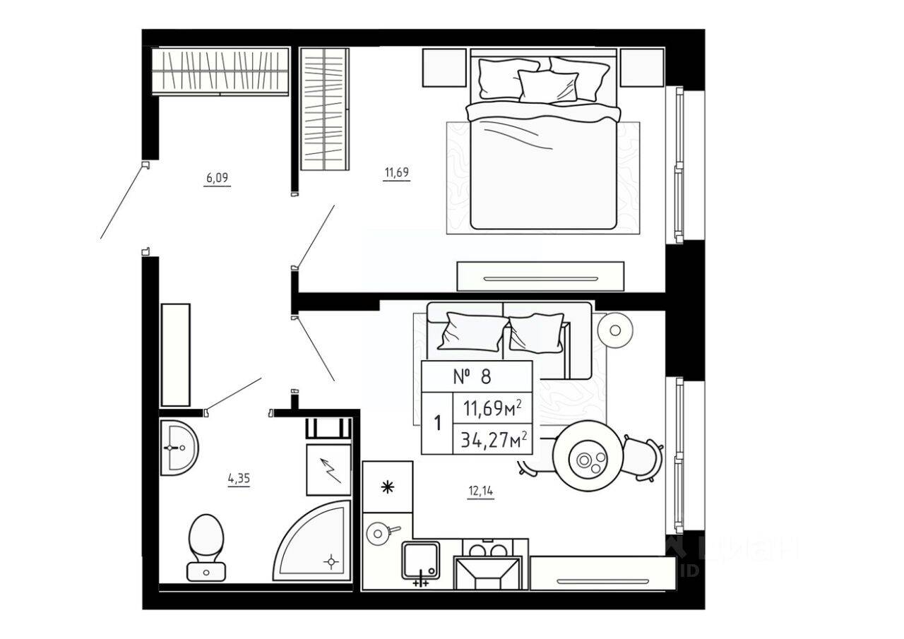 1-комн. квартира, 34,27 м², в Малоэтажный ЖК Аннино Сити