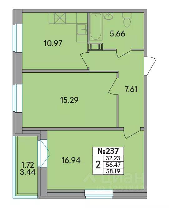 2-комн. квартира, 58,19 м², в ЖК Рождественский квартал
