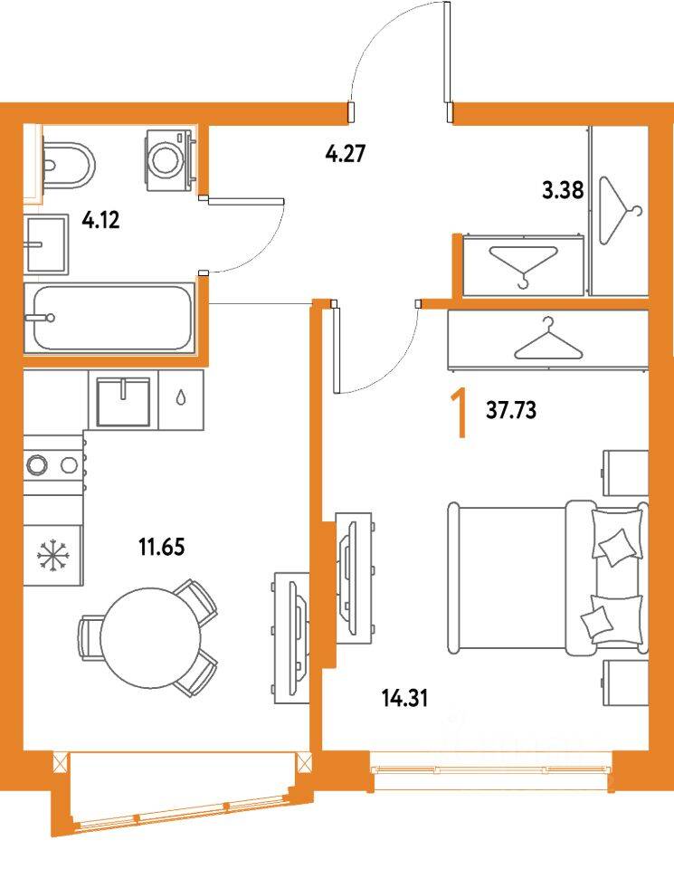 1-комн. квартира, 37,73 м², в ЖК Страна.Парковая