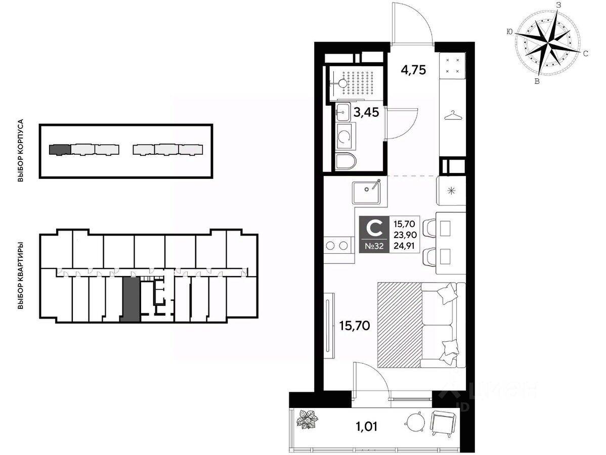 Квартира-студия, 24,91 м², в ЖК DOGMA ЮККИ