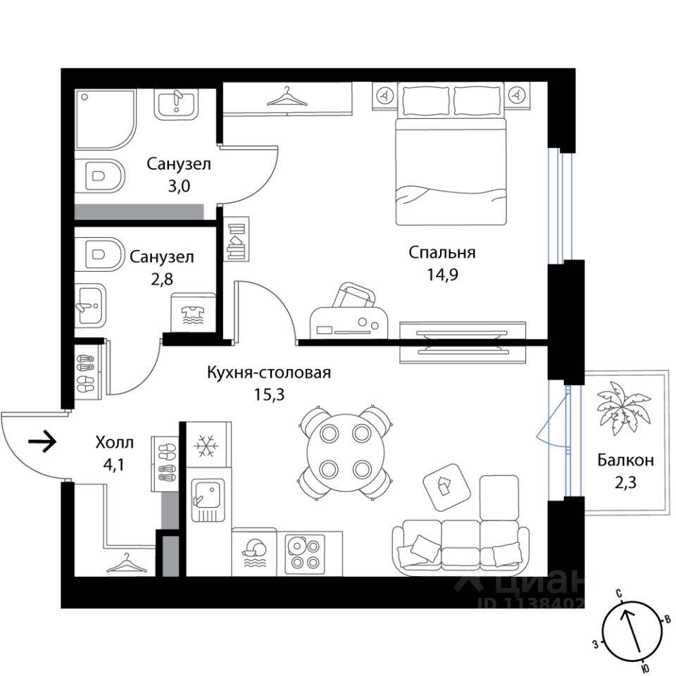 1-комн. квартира, 40,8 м², в Малоэтажный ЖК Экография