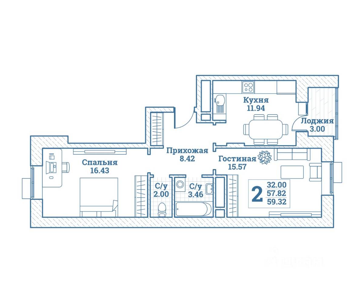 2-комн. квартира, 59,32 м², в ЖК Новоград Монино