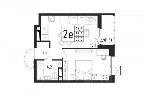 1-комн. квартира, 38,3 м², в ЖК «Берег»