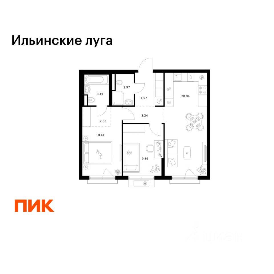 2-комн. квартира, 58,11 м², в ЖК «Ильинские луга»