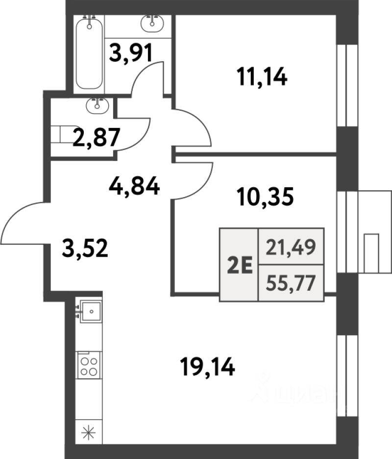 Планировка 2 комнатной квартиры, 55.7 м², в «Smart Garden»