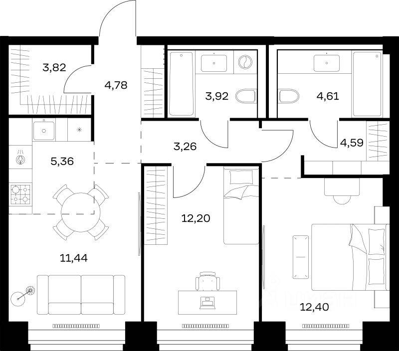 2-комн. квартира, 66,38 м², в ЖК Nova