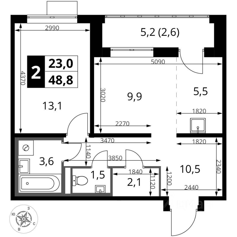 2-комн. квартира, 48,8 м², в ЖК 1-й Донской