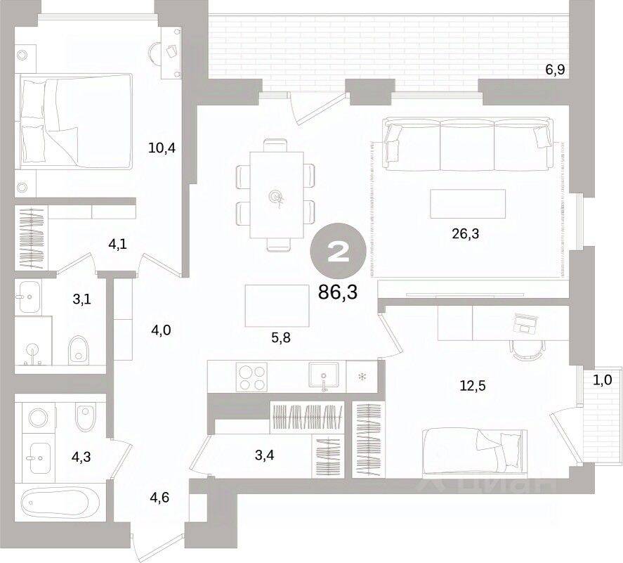 2-комн. квартира, 86,31 м², в ЖК Квартал «Северный ветер»