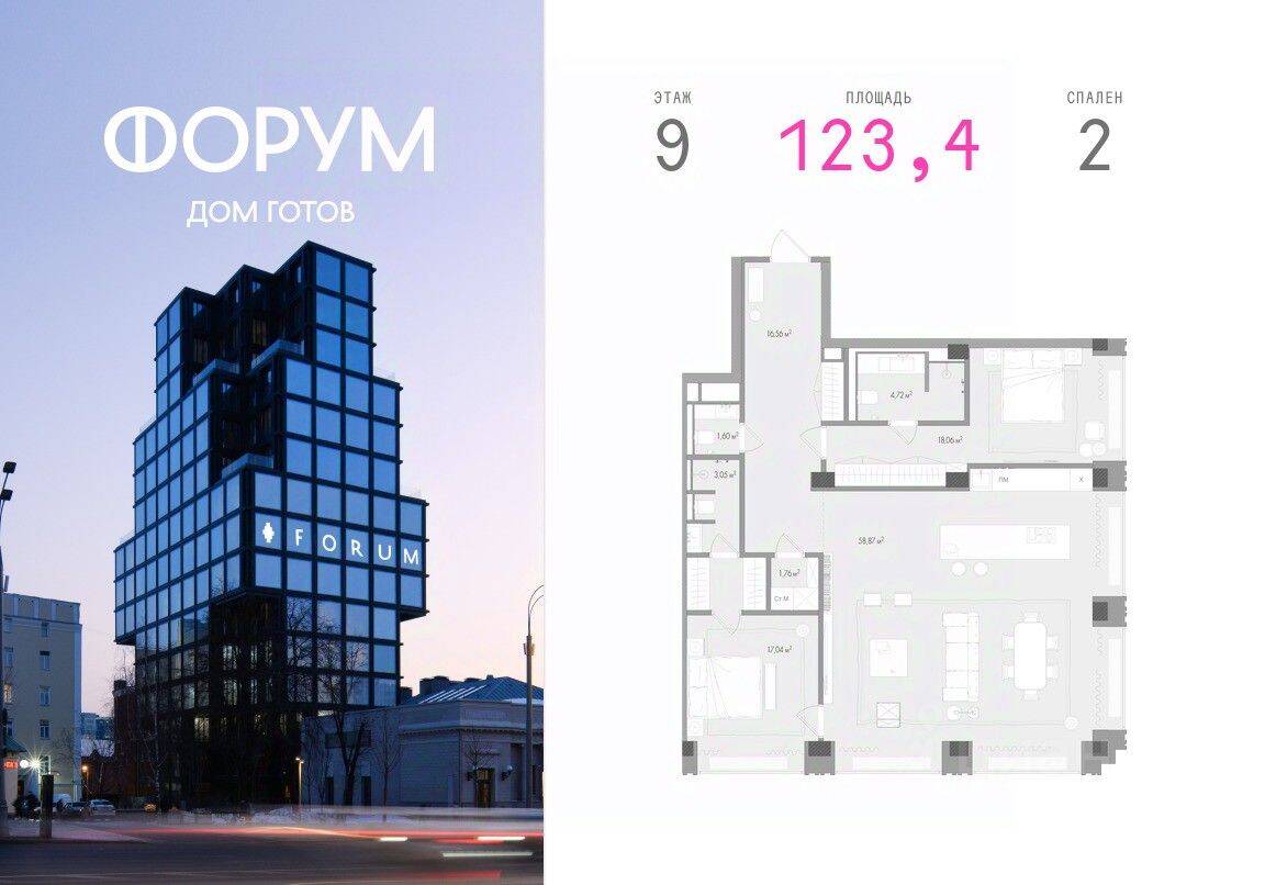 2-комн. квартира, 123,4 м², в ЖК Forum