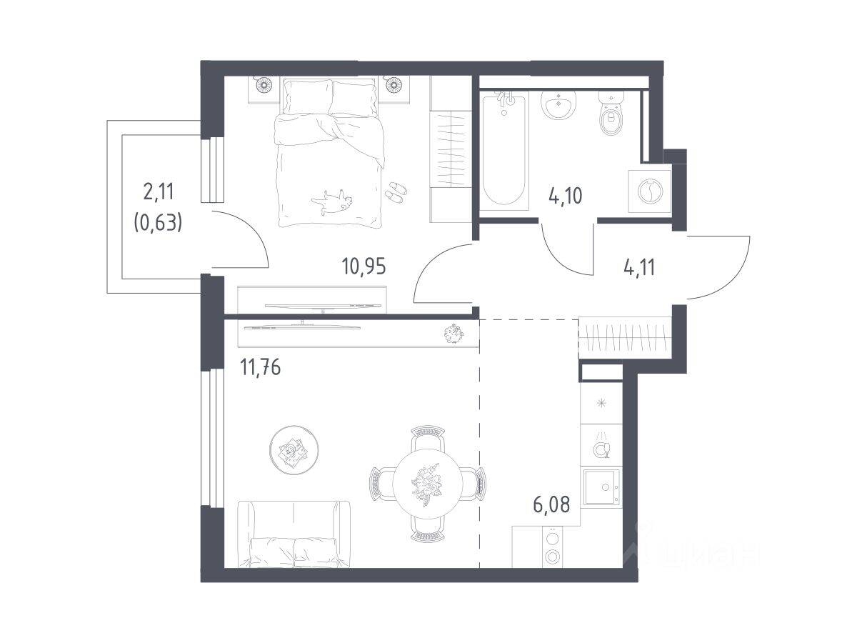 1-комн. квартира, 37,63 м², в ЖК «Пригород Лесное»
