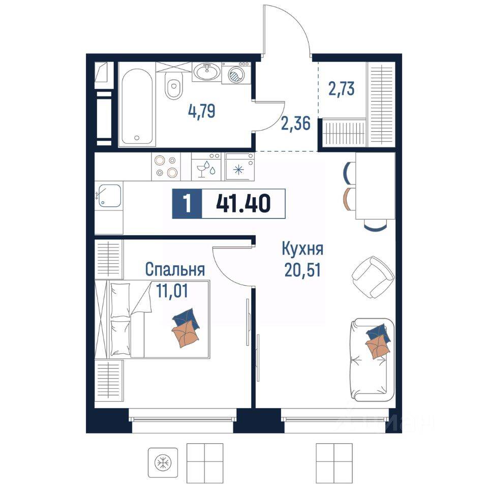 1-комн. квартира, 41,4 м², в ЖК Максималист