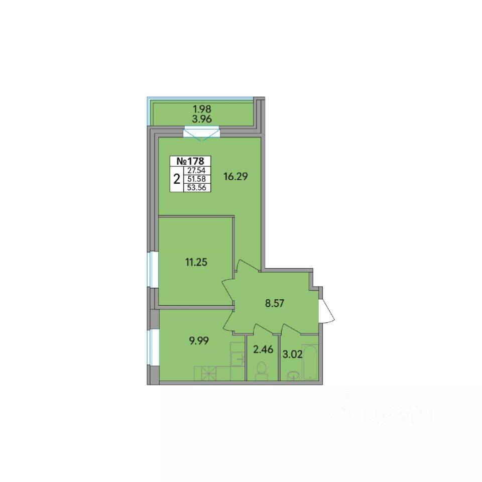 2-комн. квартира, 53,56 м², в ЖК Рождественский квартал