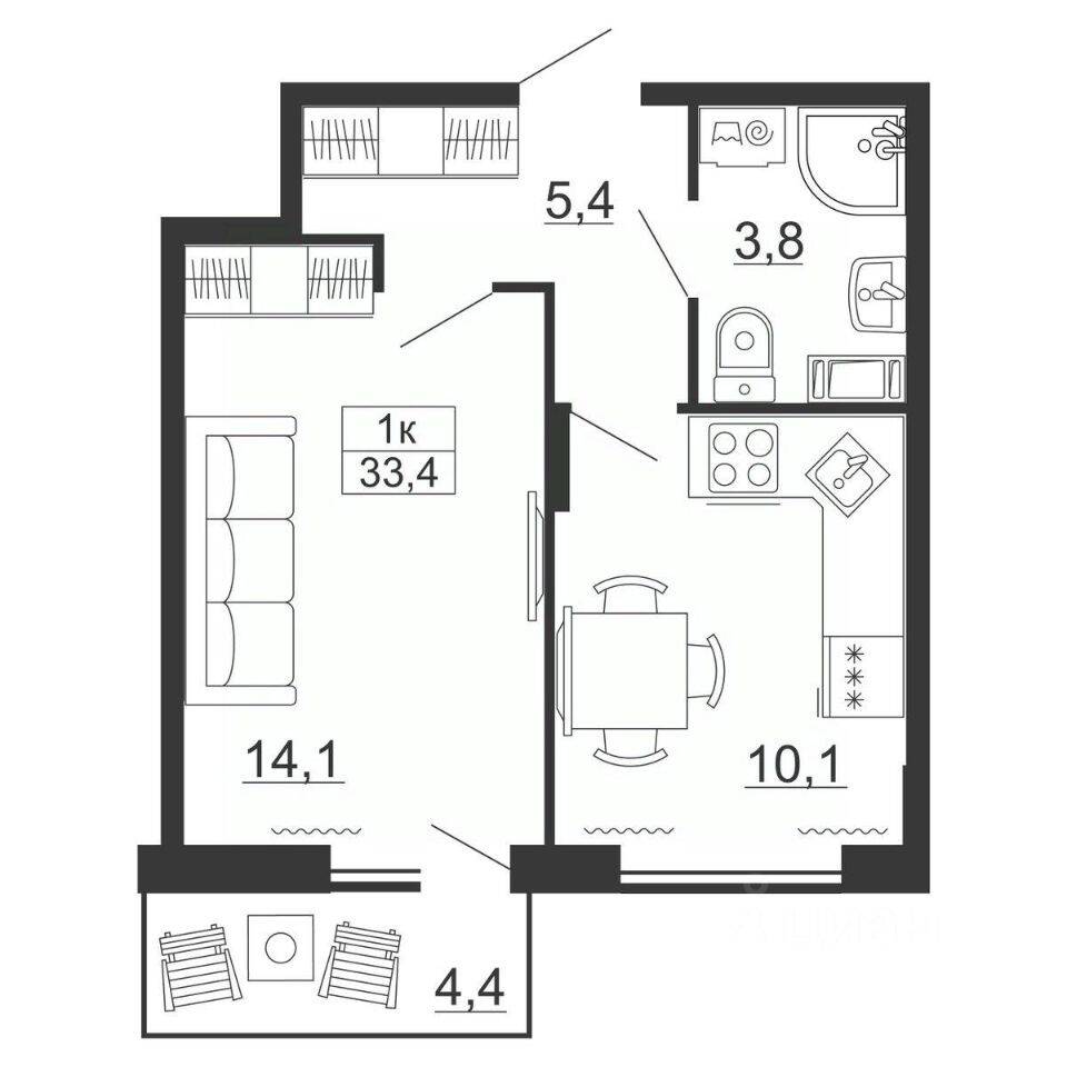 Планировка 1 комнатной квартиры, 33.4 м², в «Рубеж»