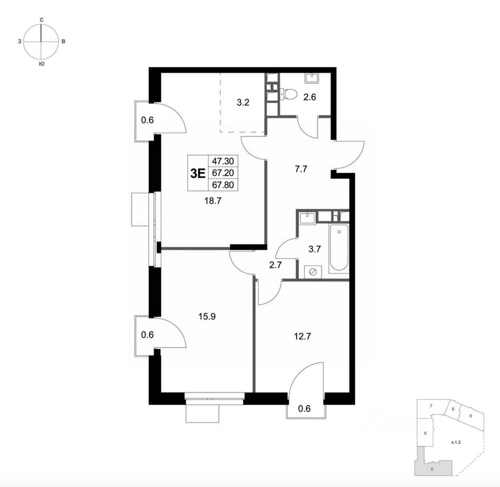 3-комн. квартира, 67,8 м², в ЖК Легенда Марусино