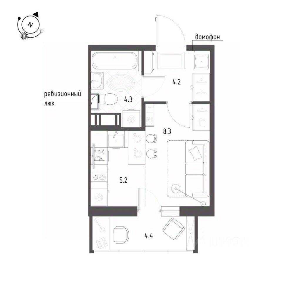 Квартира-студия, 23,2 м², в ЖК Монография