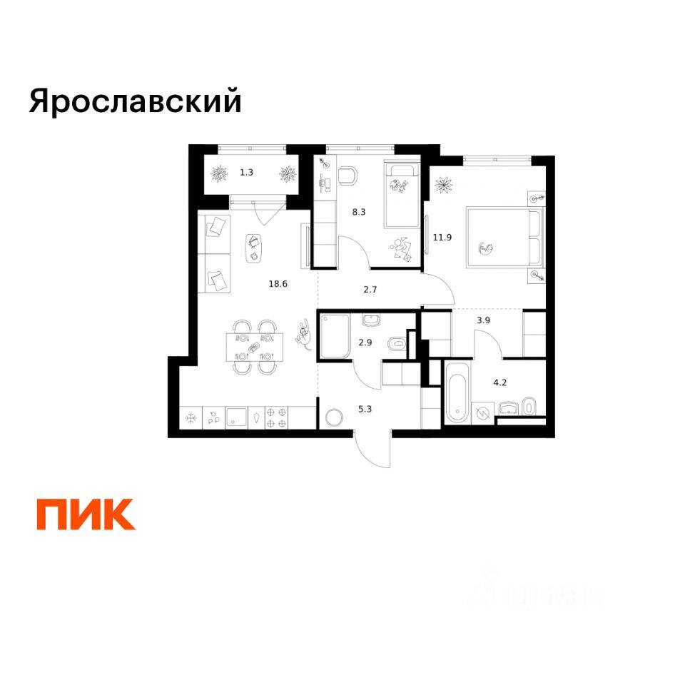 2-комн. квартира, 59,1 м², в ЖК «Ярославский»