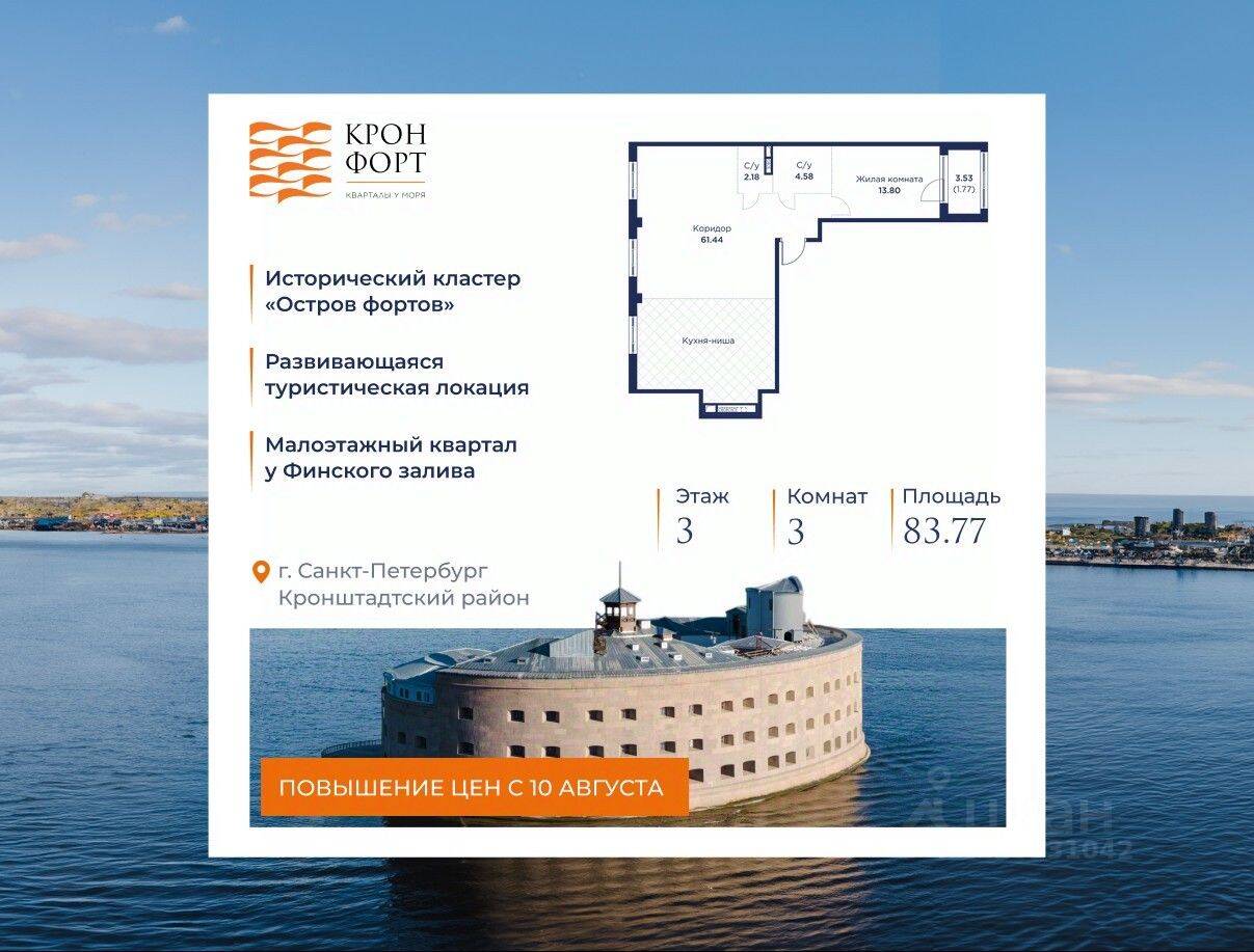 3-комн. квартира, 83,77 м², в Малоэтажный ЖК Кронфорт. Центральный