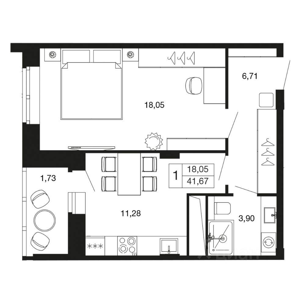 1-комн. квартира, 41,7 м², в ЖК «Времена года»