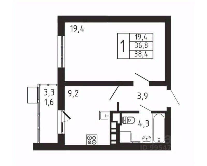 1-комн. квартира, 38,4 м², в ЖК «Пироговская Ривьера»
