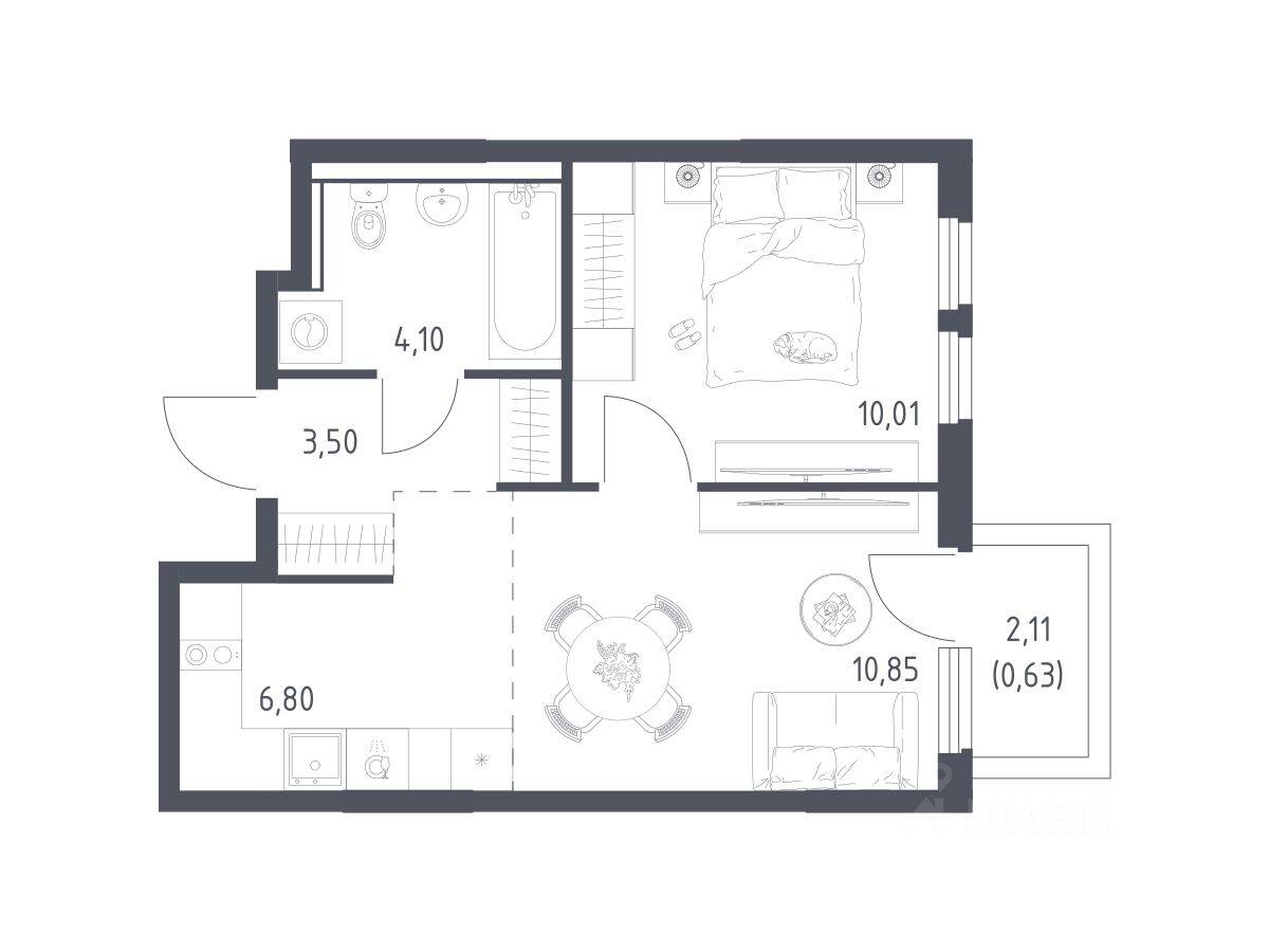 1-комн. квартира, 35,89 м², в ЖК «Пригород Лесное»