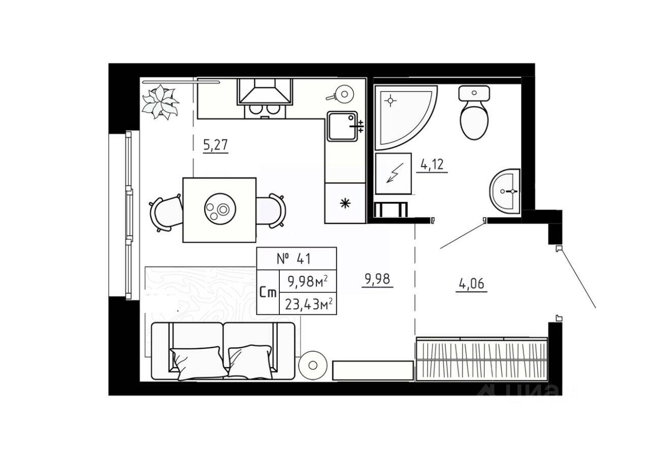 Планировка 1 комнатной квартиры, 23.43 м², в «Аннино Сити»