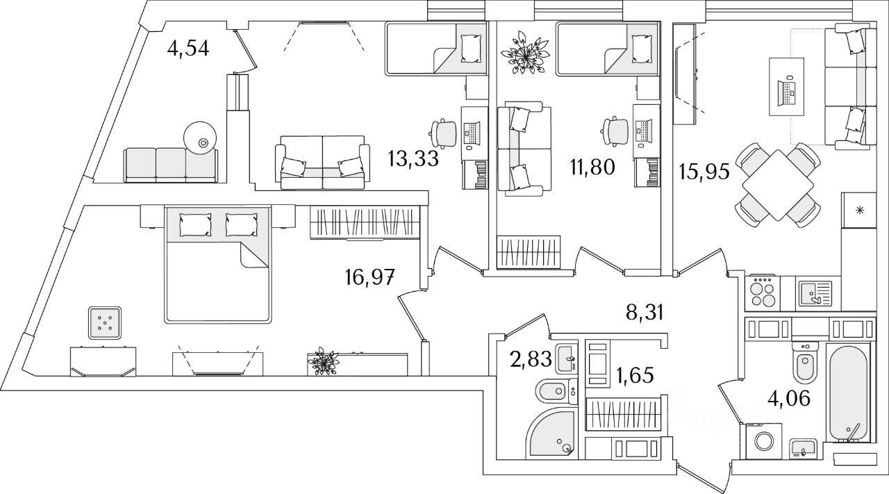 3-комн. квартира, 75,8 м², в ЖК Лайнеръ