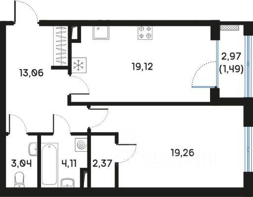 1-комн. квартира, 62,64 м², в ЖК Регенбоген