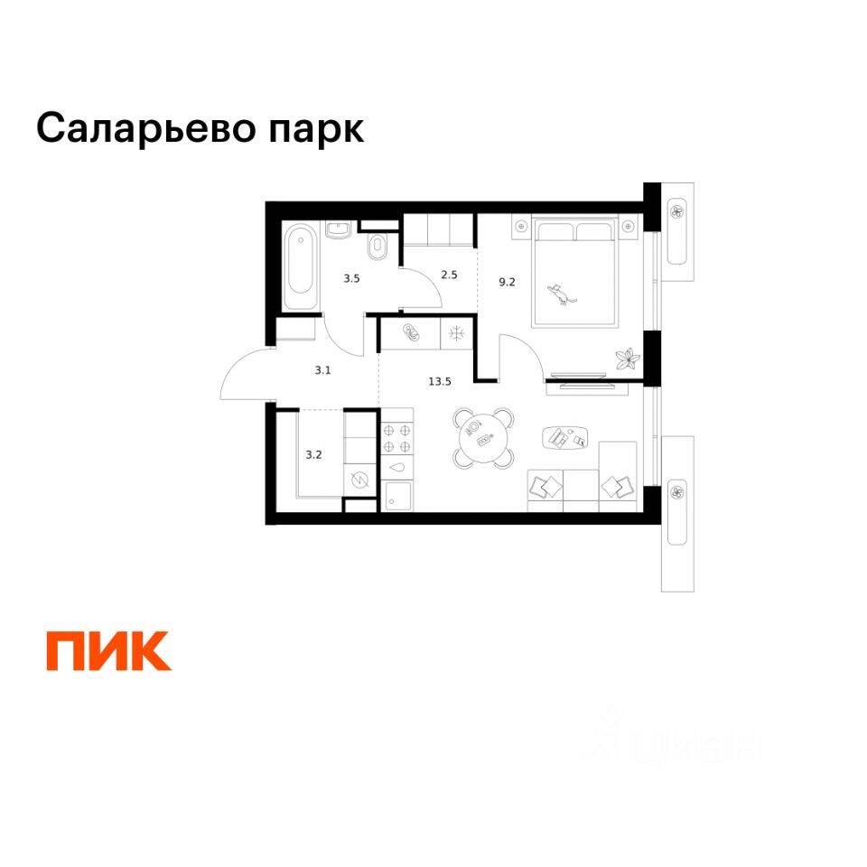 1-комн. квартира, 35 м², в ЖК «Саларьево парк»