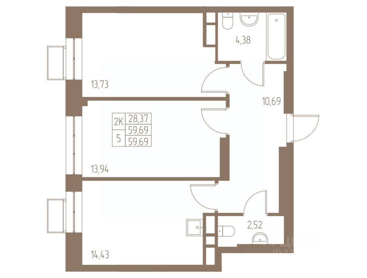 2-комн. квартира, 59,69 м², в ЖК Фабрикант