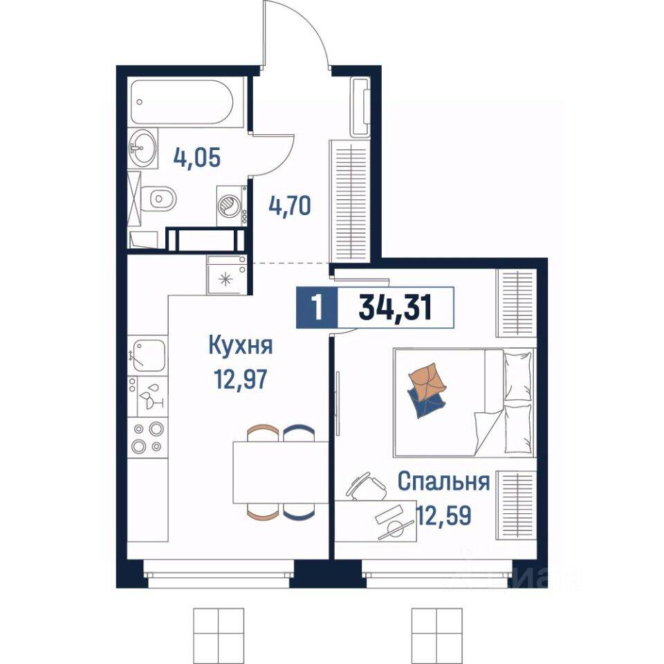 1-комн. квартира, 34,31 м², в ЖК Максималист