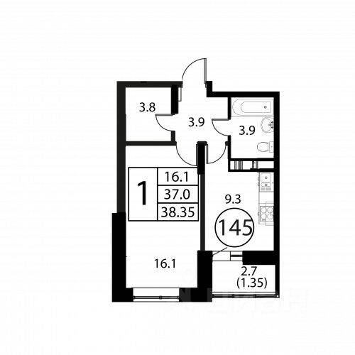 1-комн. квартира, 38,35 м², в ЖК Космос