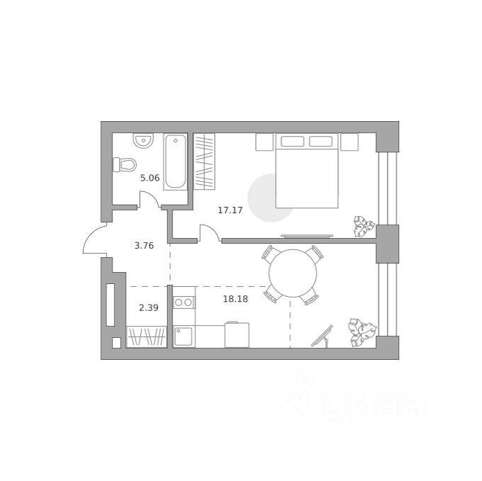 Планировка 1 комнатной квартиры, 46.56 м², в «Павелецкая от Гранель»