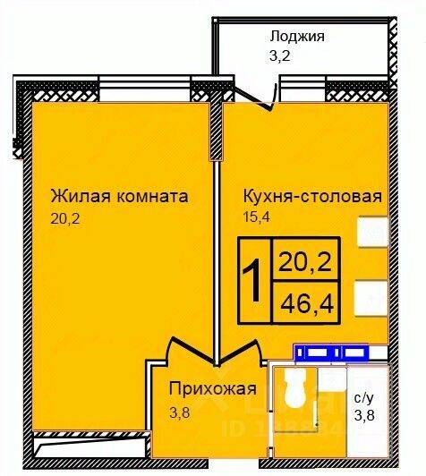 Планировка 1 комнатной квартиры, 46.4 м², в «Троицкий»