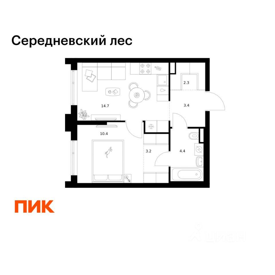 1-комн. квартира, 38,4 м², в ЖК Середневский лес