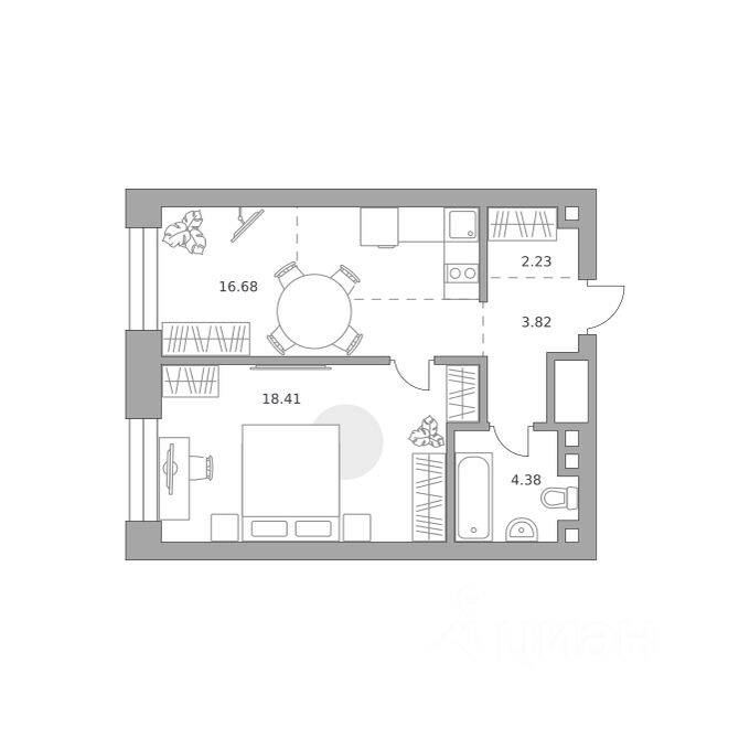 Планировка 1 комнатной квартиры, 45.52 м², в «Павелецкая от Гранель»
