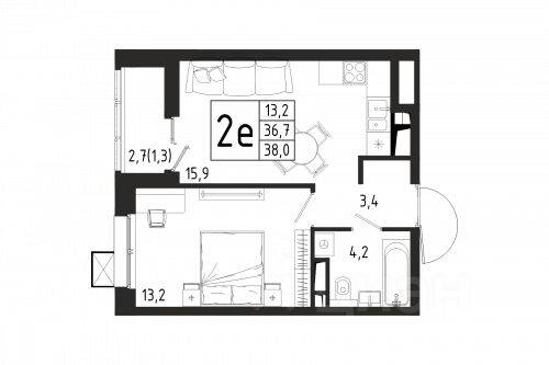 Планировка 1 комнатной квартиры, 38 м², в «Берег»