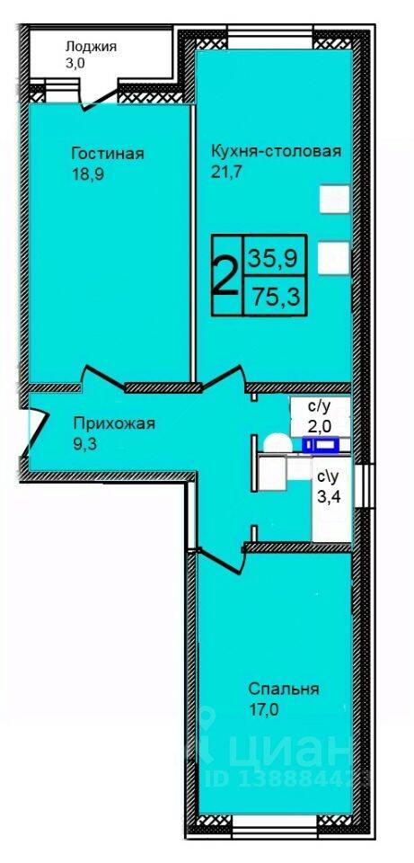 3-комн. квартира, 75,3 м², в ЖК «Троицкий»