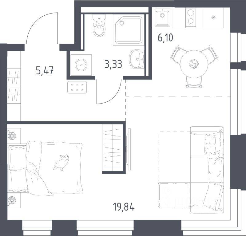 Планировка 1 комнатной квартиры, 34.74 м², в «Квартал Ивакино»