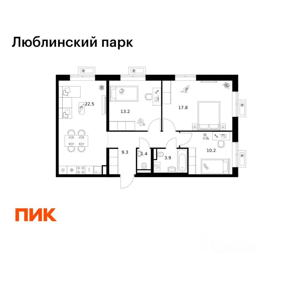 3-комн. квартира, 78,3 м², в ЖК «Люблинский парк»