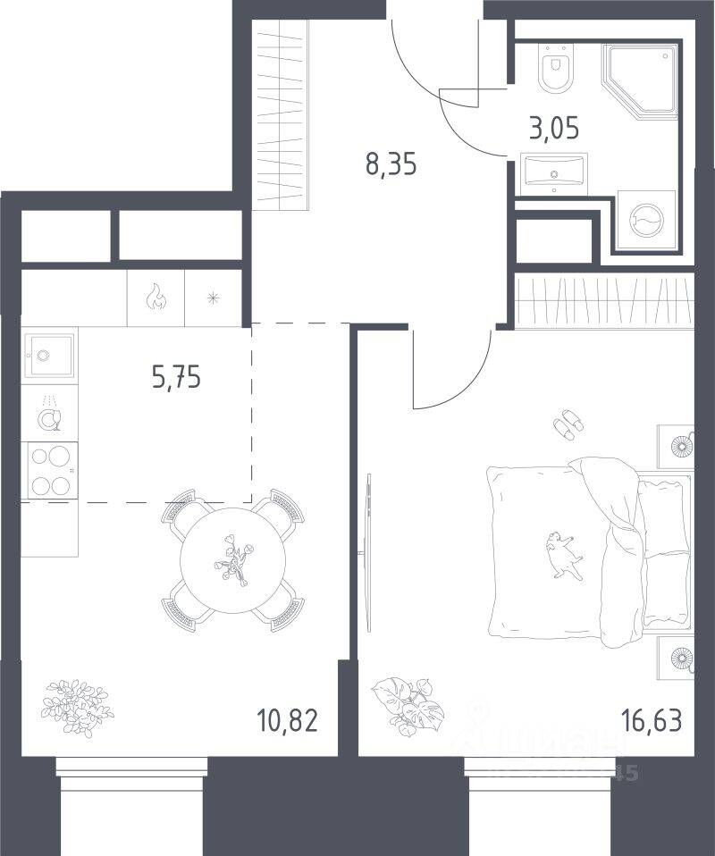 Планировка 1 комнатной квартиры, 44.6 м², в «Sky Sputnik»