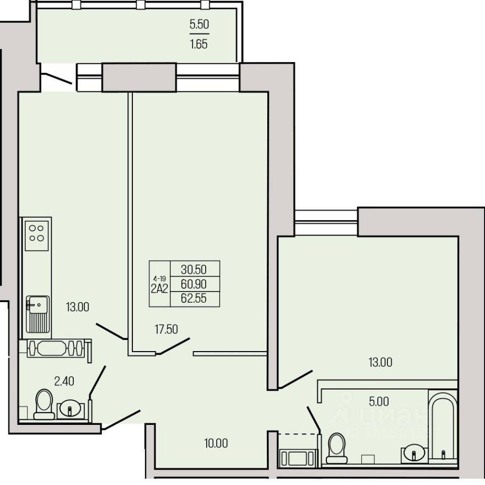 2-комн. квартира, 62,4 м², в ЖК Экос