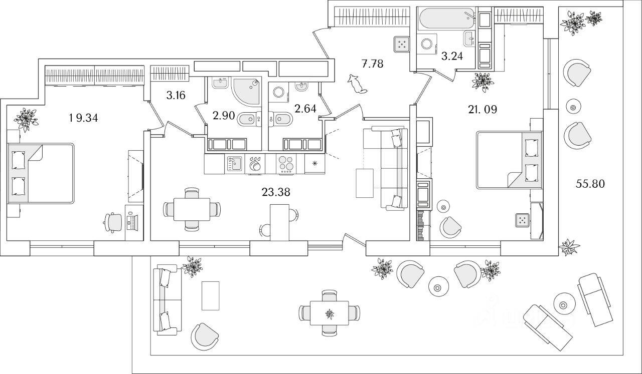 Планировка 2 комнатной квартиры, 100.6 м², в «БелАрт»